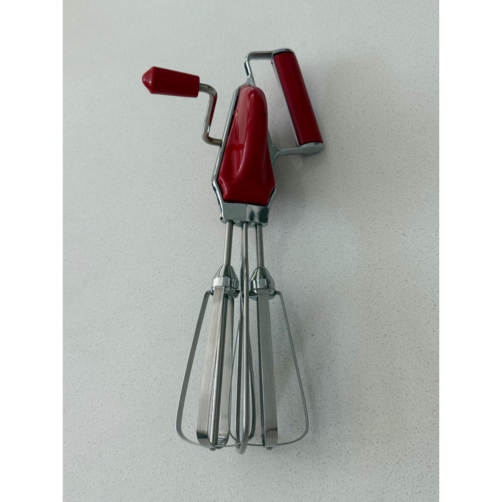 Vintage Maynard Speed Mixer Hand Crank Egg Beater Red Stainless Steel USA Made